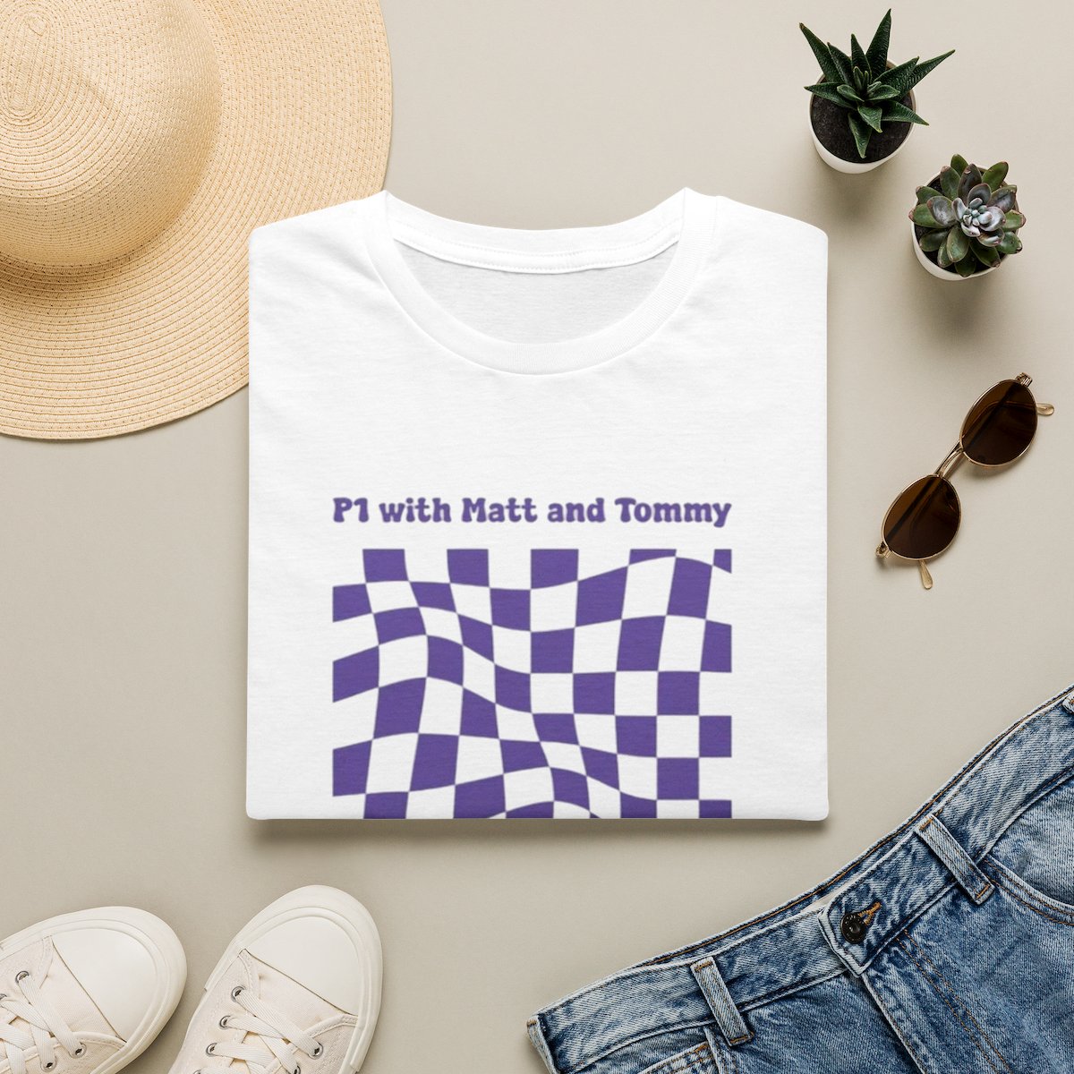 P1 with Matt and Tommy Wavy Checkerboard T-Shirt | Purple Graphic Tee | Matt & Tommy P1